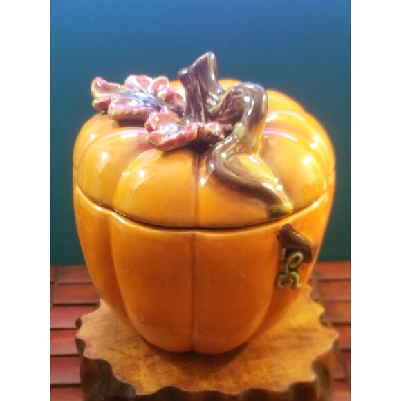 Vintage Ceramic Pumpkin Cookie Jar Halloween Fall Thanksgiving 6" High 5.75" Dia - Picture 1 of 6